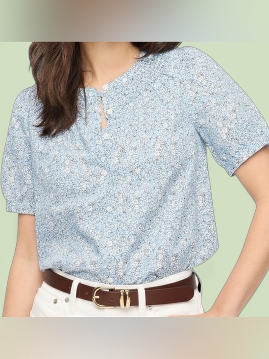 J. Crew Tops - J Crew Blue Floral Smocked Button Up Blouse XXL Linen Cotton Puff Sleeve Shirt